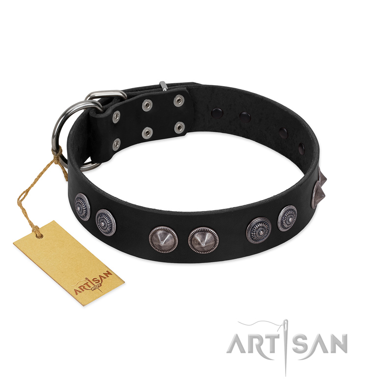 "Silver Medallions" Mod FDT Artisan Black Leather Siberian Husky Collar with Round Plates