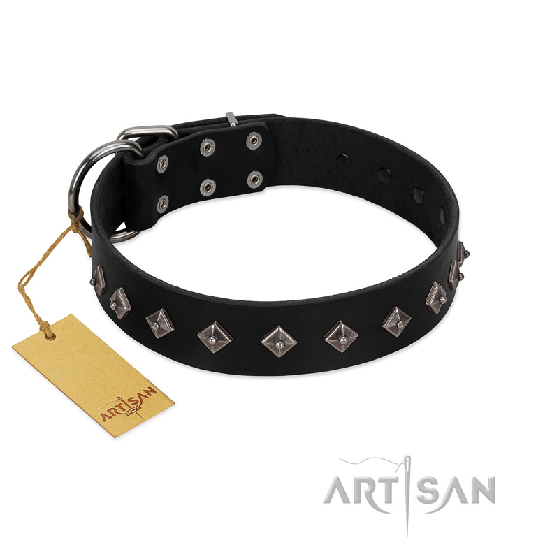 "Immense Power" Handcrafted FDT Artisan Black Leather Siberian Husky Collar with Small Dotted Pyramids