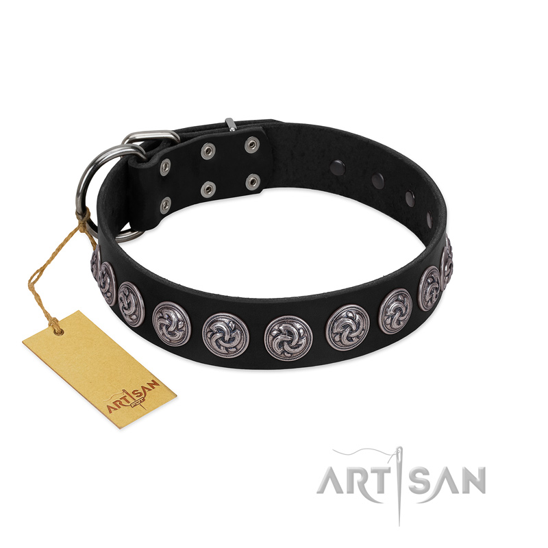"Black Raven" Handmade FDT Artisan Black Leather Siberian Husky Collar with Silver-Like Adornments