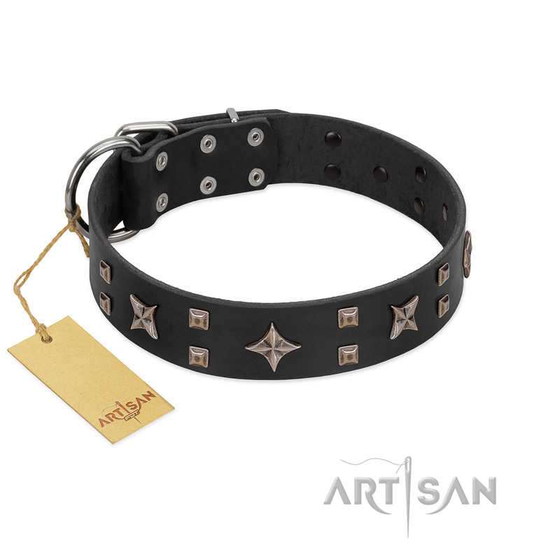 "Star Excitement" Modern FDT Artisan Black Leather Siberian Husky Collar with Studs and Stars