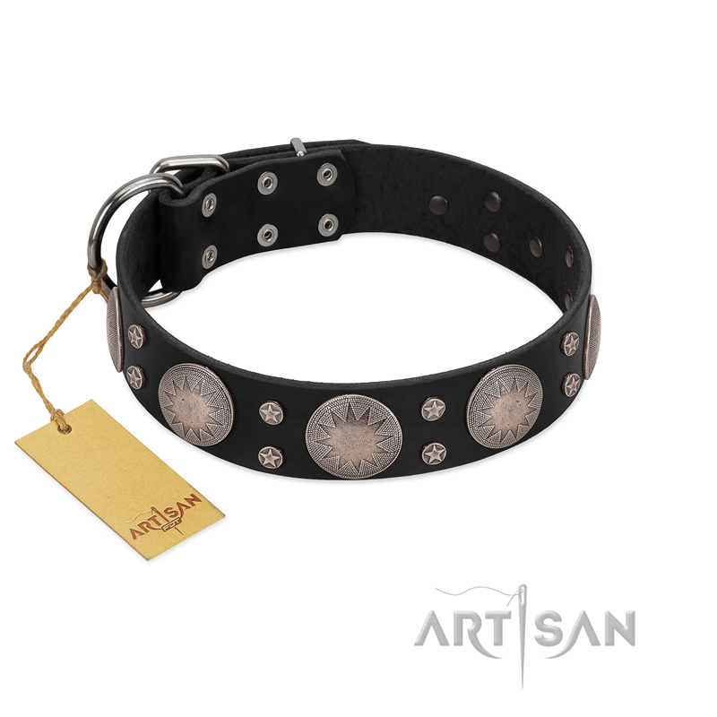 "Starry Sky" Trendy FDT Artisan Black Leather Siberian Husky Collar with Large Brooches - Click Image to Close