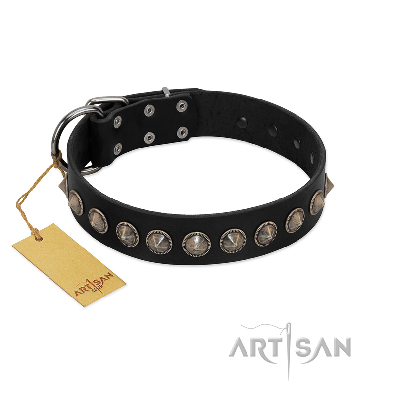 "Black Eagle" Handcrafted FDT Artisan Black Leather Siberian Husky Collar with Silver-Like Adornments