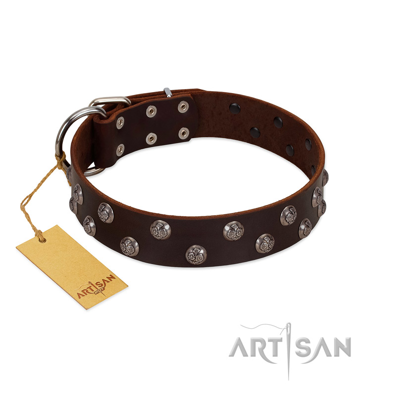 "Blossom Jewel" FDT Artisan Brown Leather Siberian Husky Collar with Two Rows of Silver-like Studs with Engraved Flowers