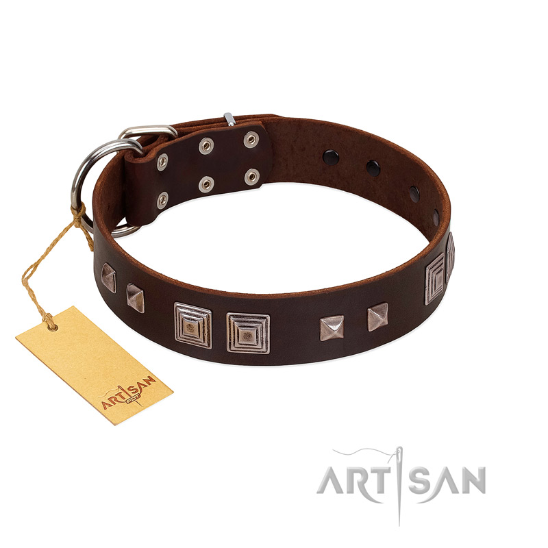 "Object of Virtu" FDT Artisan Brown Leather Siberian Husky Collar with Old Silver-like Square Studs and Pyramids