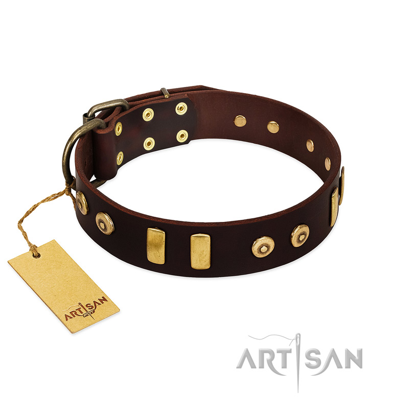 "Lord of Dogs" FDT Artisan Brown Leather Siberian Husky Collar with Old Bronze-like Dotted Studs and Tiles