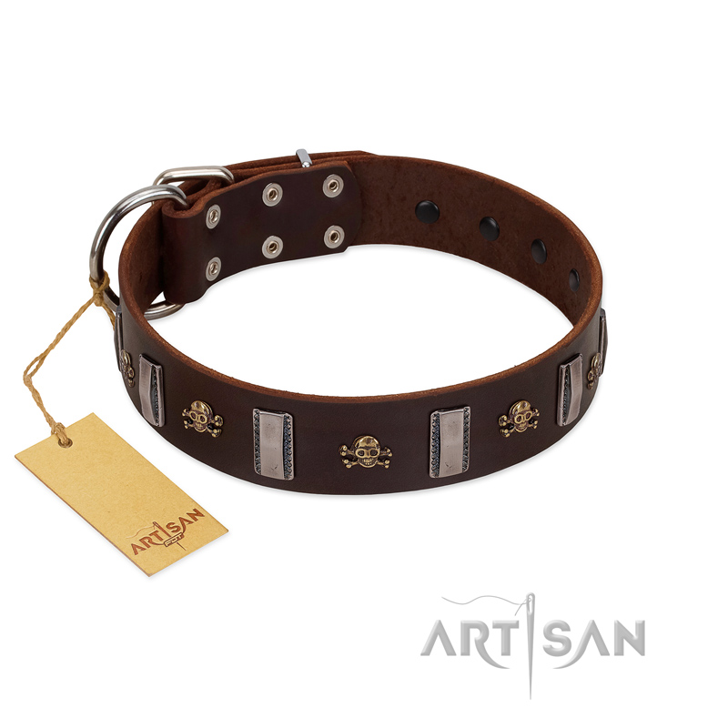 "War Chief" FDT Artisan Genuine Brown Leather Siberian Husky Collar with Skulls and Plates
