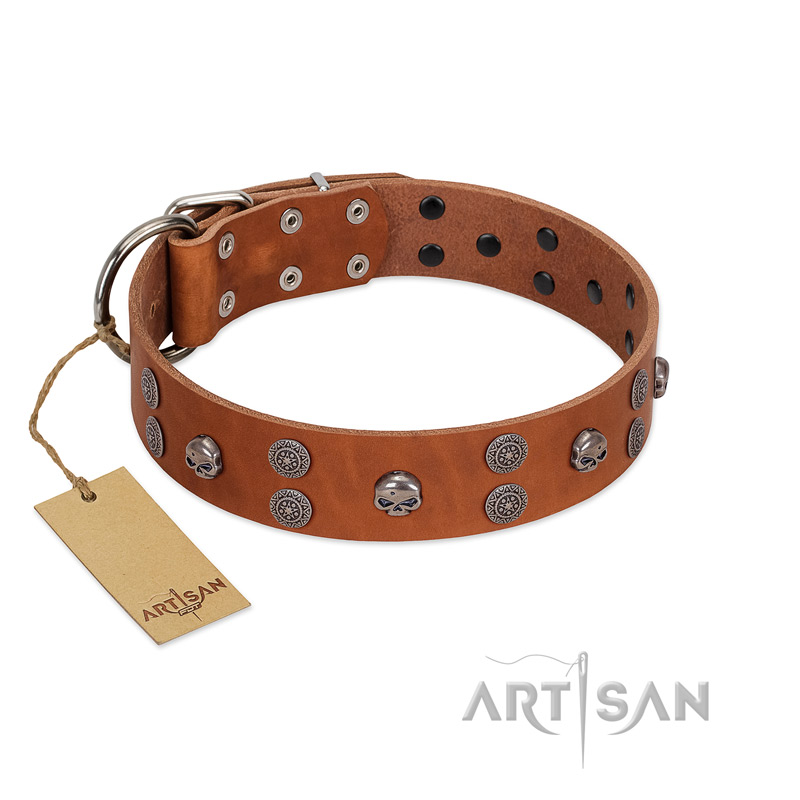 "Road Rider" FDT Artisan Tan Leather Siberian Husky Collar with Old Silver-like Skulls and Medallions