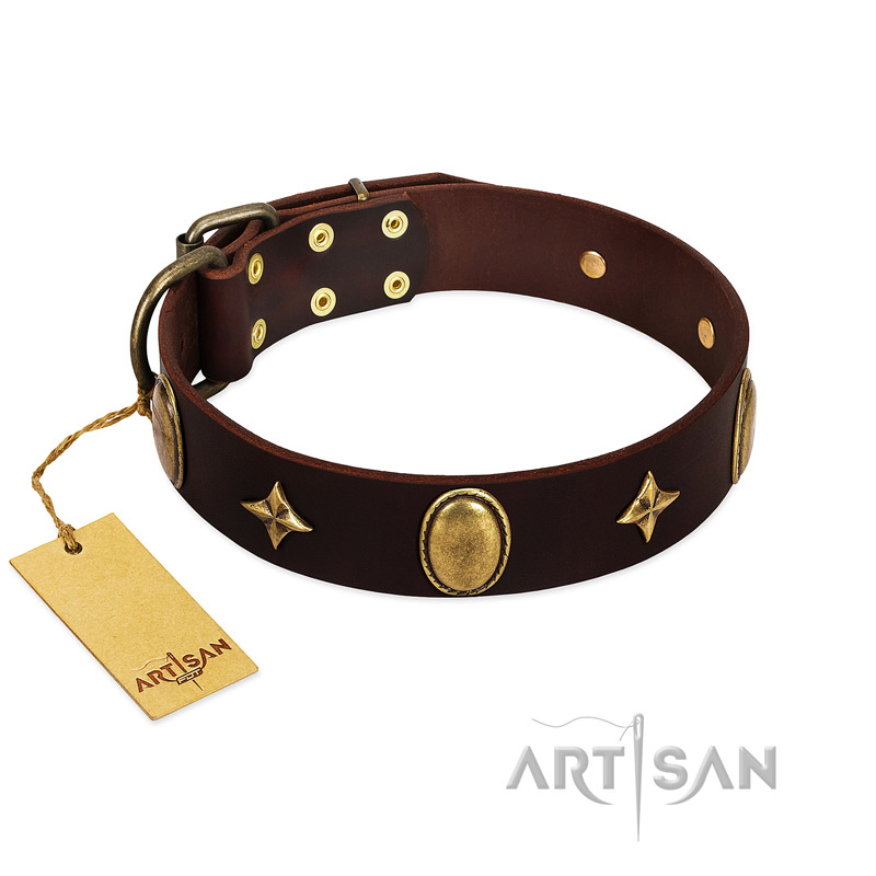 "Victory and Laurels" FDT Artisan Brown Leather Siberian Husky Collar with Ovals and Stars - Click Image to Close