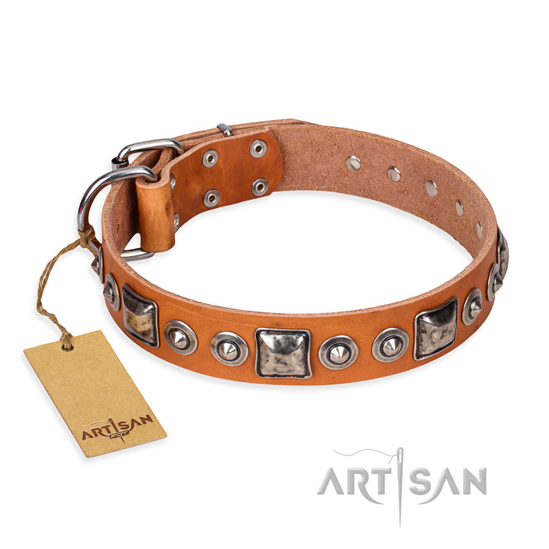 "Era of Future" FDT Artisan Handcrafted Tan Leather Siberian Husky Collar with Decorations