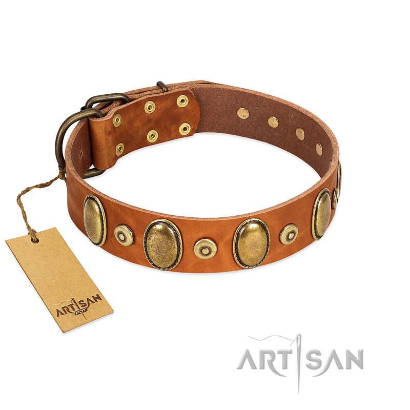 "Crystal Sand" FDT Artisan Tan Leather Siberian Husky Collar with Vintage Looking Oval and Round Studs