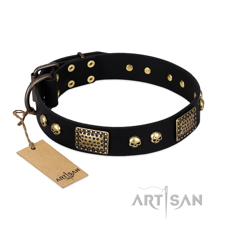 "Biker Style" FDT Artisan Black Leather Siberian Husky Collar with Old Bronze Look Plates and Skulls