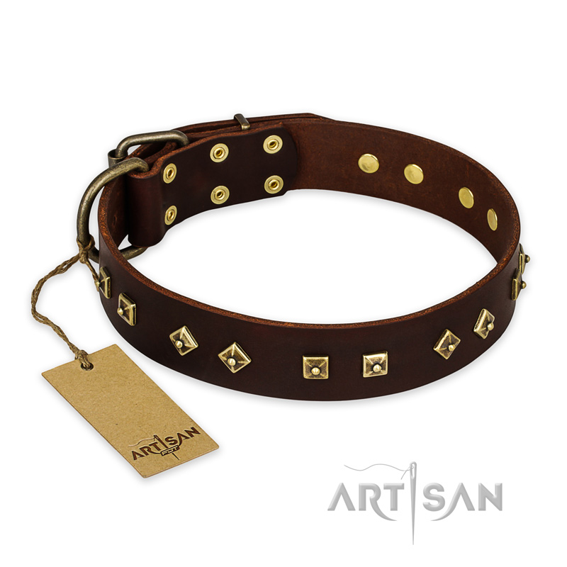 "Fashion Studs" FDT Artisan Decorated Leather Siberian Husky Collar with Old Bronze-Plated Steel Hardware