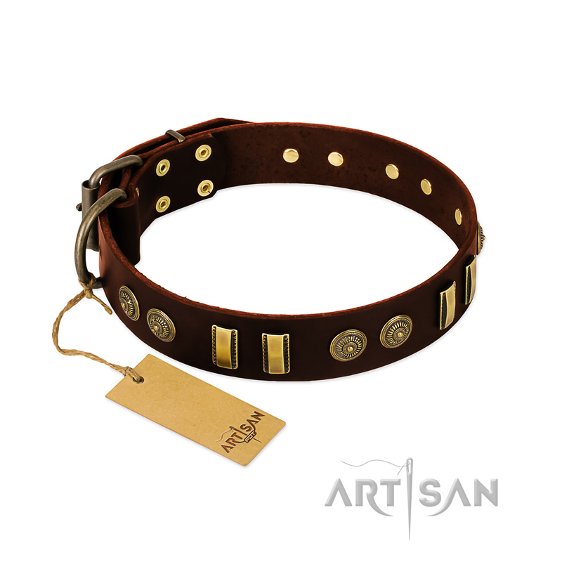 "Golden Elegance" FDT Artisan Brown Leather Siberian Husky Collar with Old Bronze-like Decorations