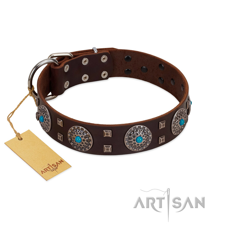 "Hypnotic Stones" FDT Artisan Brown Leather Siberian Husky Collar with Chrome Plated Brooches and Square Studs - Click Image to Close