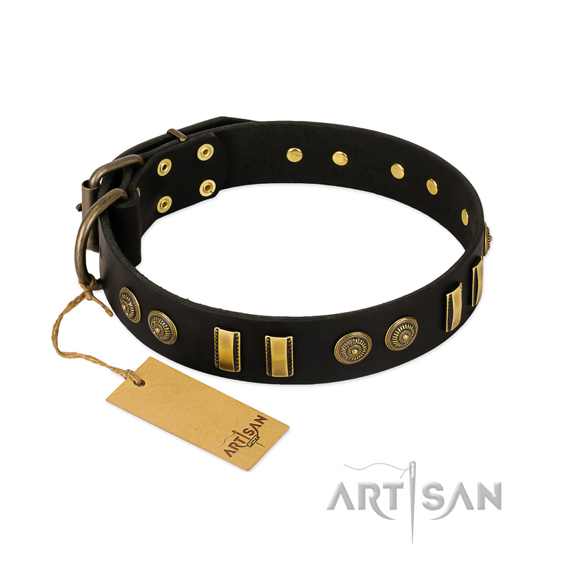 "Simple Elegance" FDT Artisan Black Leather Siberian Husky Collar with Old Bronze-like Plates and Circles