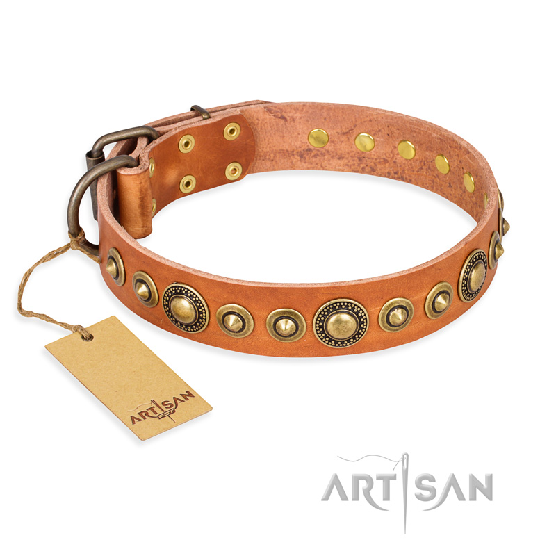 "Feast of Luxury" FDT Artisan Tan Leather Siberian Husky Collar with Old Bronze Look Circles