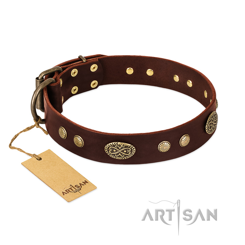 "Old-fashioned Glamor" FDT Artisan Brown Leather Siberian Husky Collar with Old Bronze Look Plates and Circles