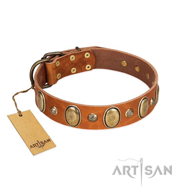 "Venus Breath" FDT Artisan Tan Leather Siberian Husky Collar with Vintage Looking Oval and Round Studs