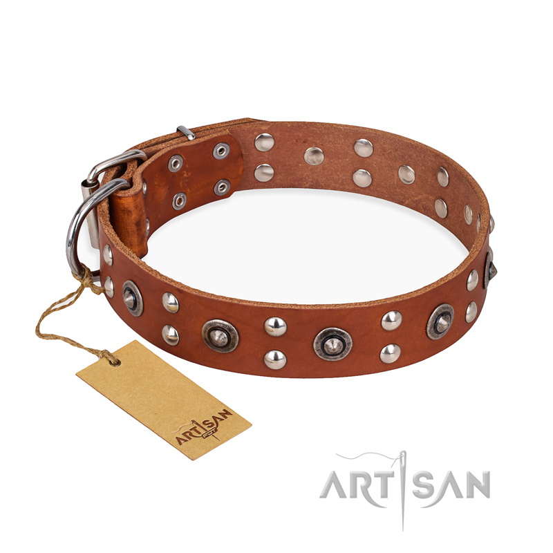 "Silver Elegance" FDT Artisan Decorated Leather Siberian Husky Collar with Old Silver-Like Plated Studs and Cones