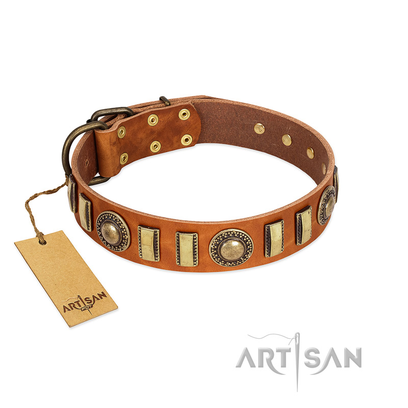 "Happy Hound" FDT Artisan Tan Leather Siberian Husky Collar with Elegant Decorations