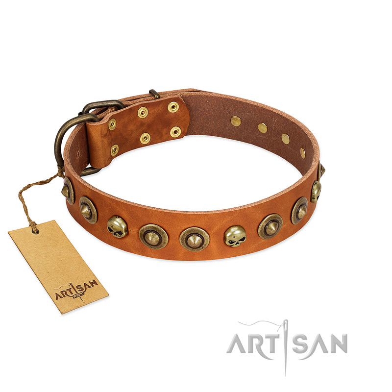 "Prez of the Pack" FDT Artisan Tan Leather Siberian Husky Collar with Skulls and Brooches