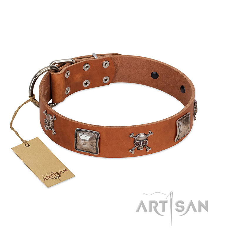"Amorous Escapade" Embellished FDT Artisan Tan Leather Siberian Husky Collar with Chrome Plated Crossbones and Plates - Click Image to Close