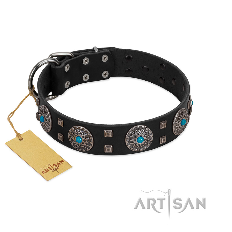 "Boundless Blue" FDT Artisan Black Leather Siberian Husky Collar with Chrome Plated Brooches and Square Studs