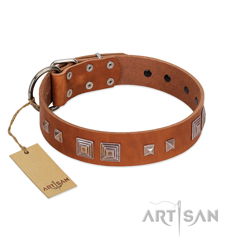 "Egyptian Gifts" Handmade FDT Artisan Tan Leather Siberian Husky Collar with Chrome-plated Pyramids