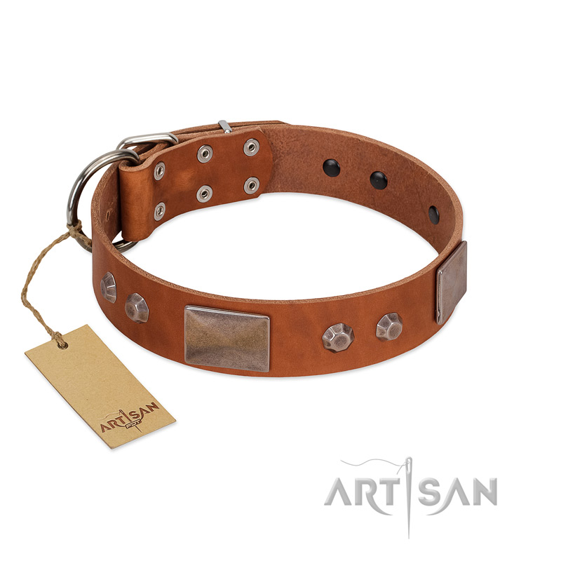 "Great Obelisk" Handcrafted FDT Artisan Tan Leather Siberian Husky Collar with Large Plates and Pyramids
