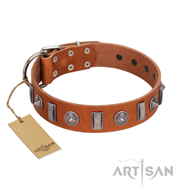 "Luxurious Necklace" FDT Artisan Tan Leather Siberian Husky Collar with Silver-Like Adornments