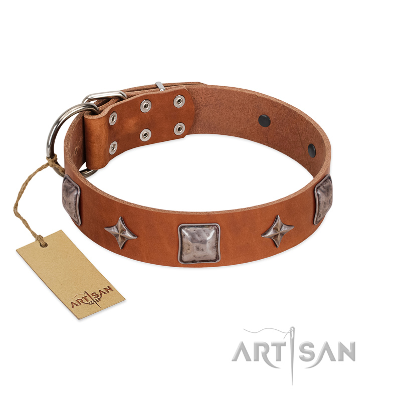 "Lucky Star" FDT Artisan Tan Leather Siberian Husky Collar with Silver-Like Embellishments