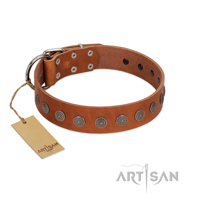 "Lucky Star" Handmade FDT Artisan Designer Tan Leather Siberian Husky Collar with Round Plates