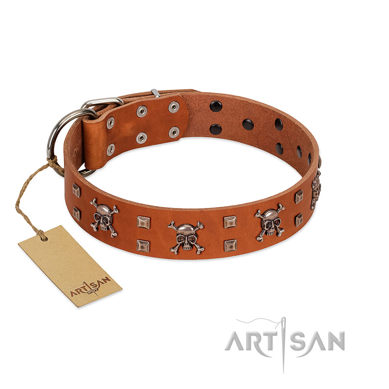 "Rebellious Nature" FDT Artisan Tan Leather Siberian Husky Collar Embellished with Crossbones and Square Studs