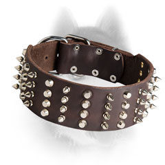 2 Inch Extra Wide Leather Siberian Husky Collar with Spikes and Pyramids
